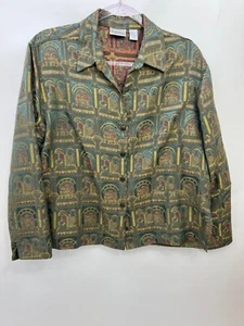 Chicos Linen Silk Blend Jacket Blouse Green Gold Pattern Womens Size 1 (Med) - Picture 1 of 9