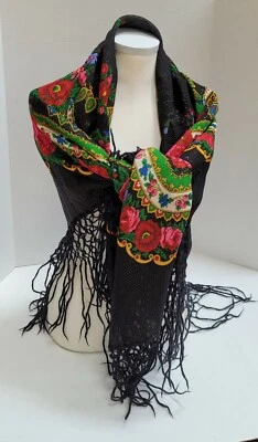 Russian Wool Lurex Shawl Scarf Authentic 51"x51", Pavlovo Possad Large - Image 1 of 4