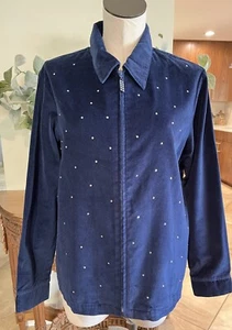 the quacker factory Women Medium navy velvet Zip Up jewel embellished jacket TT - Picture 1 of 7