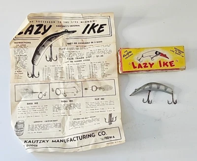 Vintage Lazy Ike Wood Lure in Box Kautzky Co. Iowa KL-34 3" Size with Paperwork - Image 1 of 4