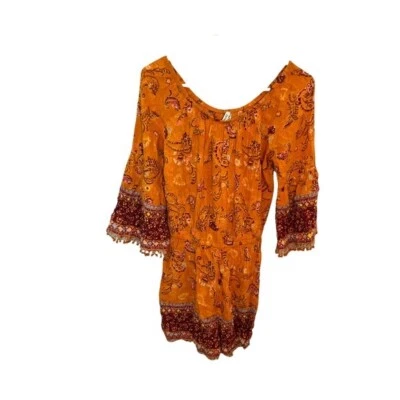 Mameluco Mudd Para Mujer Talla Pequeña Hombro Descubierto Rojo Mostaza Floral Paisley Manga Campana Foto 1 de 4