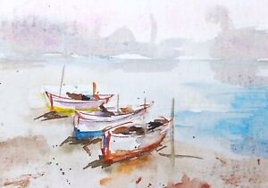 original watercolor painting ACEO beach boats sea ship marine sky water by SIBY