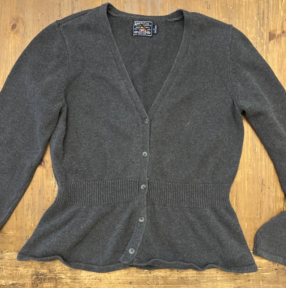 Cárdigan Suéter American Living Talla L Gris Oscuro Tejido Algodón Manga Larga Cuello en V Foto 1 de 4