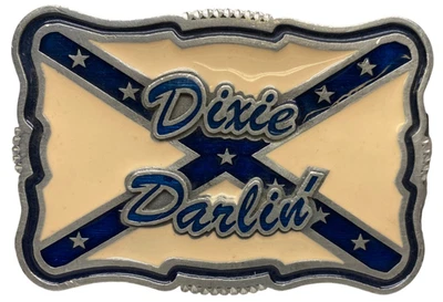 Hebilla de cinturón vintage 2005 DIXIE DARLIN, crema y azul, estaño, hecha en EE. UU. Foto 1 de 4