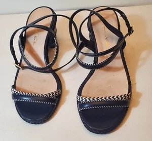 Oscar de la Renta Strappy Low Block Heel Sandals Navy with Black Braid Sz 38.5 - Picture 1 of 11