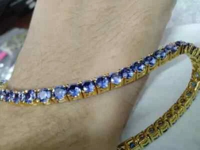 Brazalete de tanzanita azul creado en laboratorio de tenis corte redondo de 8 quilates chapado en oro amarillo de 14 quilates 7,5" Foto 1 de 4