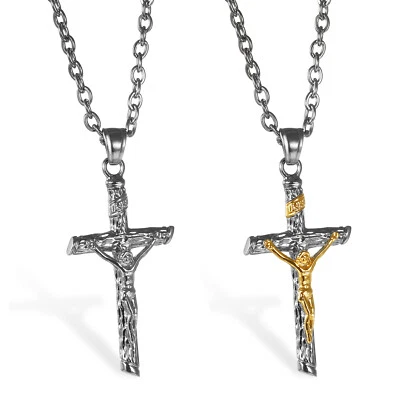 Colar pingente cruz crucifixo Jesus Cristo masculino feminino corrente de aço inoxidável 22" - Imagem 1 de 4