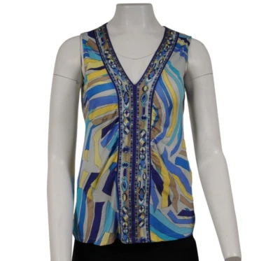 Camiseta sin mangas Emilio Pucci para mujer con cuello en V azul amarillo mosaico mezcla de viscosa Foto 1 de 4