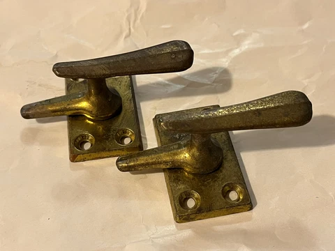 Vtg Pair Brass Color Metal Sash Knob Cabinet Cupboard Door Latch Cover