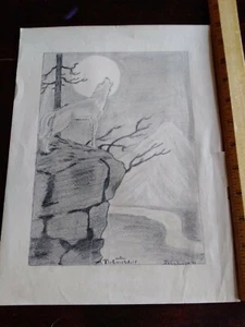 "The Lone Wolf" Vintage ORIGINAL Sketch Folk Art John Young 1932 - Picture 1 of 3