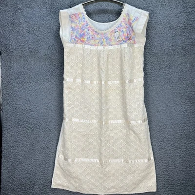 NWT Mexican Handmade Midi Dress XL Embroidered Birds Cotton Pastel Ribbon Caftan - Image 1 of 4