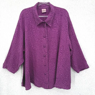 URU 100% Silk Textured Jacquard Button Front Blouse Top Purple Lagenlook 1X OS - Image 1 of 4