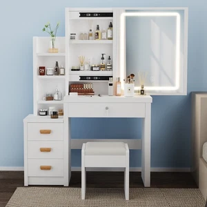 Weiß Schminktisch Frisiertisch mit Beleuchtung LED Spiegel und hocker Schublade - Bild 1 von 14
