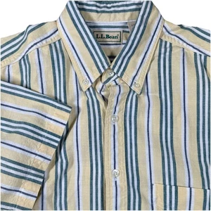 Vintage L.L. Bean Short Sleeve Shirt Mens Medium Regular Yellow Green Stripe USA - Picture 1 of 6