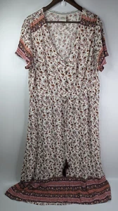 Knox Rose Hi-Low Dress 2XL Womans Ivory Floral Short Sleeve V-neck Smocked Boho - Picture 1 of 10