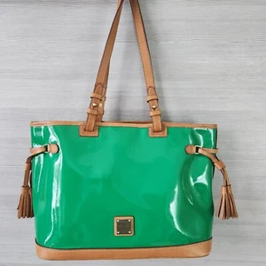 Dooney & Bourke Double Strap Shoulder Tassel Bag Green Patent Leather Purse - Picture 1 of 17
