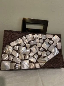Mad Bags Brown Cream Mother Of Pearl Shell Tile Beaded Purse Handbag - Picture 1 of 19