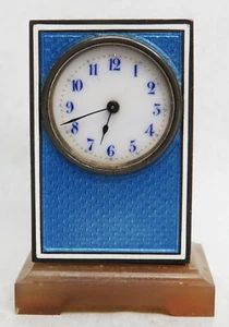 FABULOUS SILVER BLUE ENAMEL KEY WIND 2 1/4" MINATURE CLOCK IN FITTED CASE - Picture 1 of 9