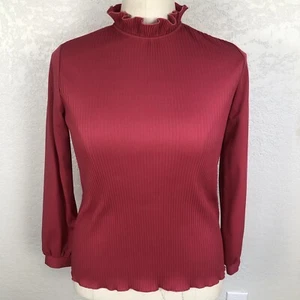 Vintage 80s Graff Californiawear Blouse Womens M Polyester Ribbed Ruffle Neck - Picture 1 of 12