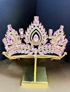 Quinceanera Crown, Pink Rhinestone Crown, Large Size Crown, Gold Crystal Crown - Picture 1 of 7