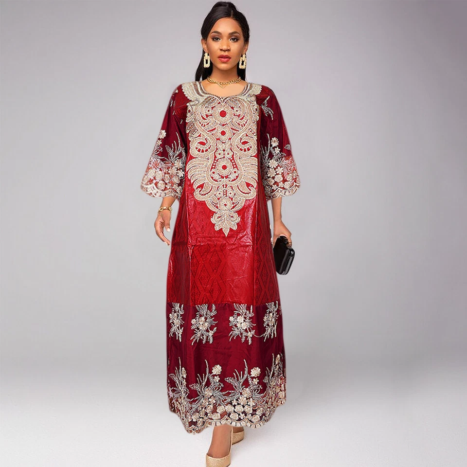 African Traditional Nigerian Clothes Bazin Maxi Robes Women Wedding Dresses - Image 1 of 4