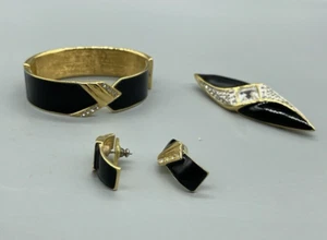 Vintage 80's Monet Gold Black Enamel Brooch Bracelet Matching Earrings - Picture 1 of 11