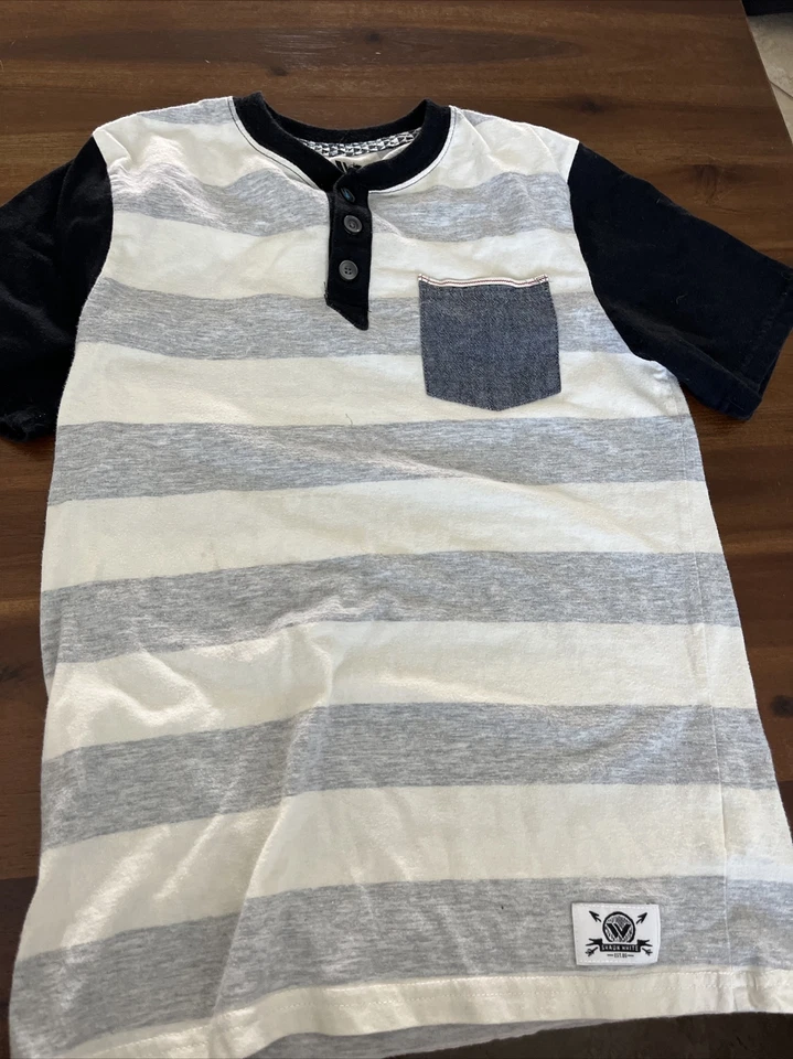 Shaun White Pocket Three Button Henley Shirt Boys Sz M Cream Gray Blue Striped - Image 1 of 1