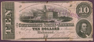 T-52 PF-3 CR-371 1862 Estados Confederados de América $10 Billete No.47589 (L0322) - Imagen 1 de 2