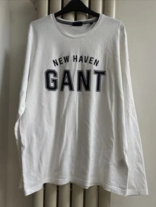 Gant Mens Long Sleeve White Top 100% Cotton Print Logo Front Size Large - Picture 1 of 6
