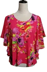 Investments Petites Batwing Top Pullover Pink Green Yellow Sheer Sleeve SZ Large - Picture 1 of 18