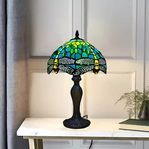 Tiffany Style Table Lamp 10 inch Green Dragonfly Stained Glass Shade Multicolor - Picture 1 of 20