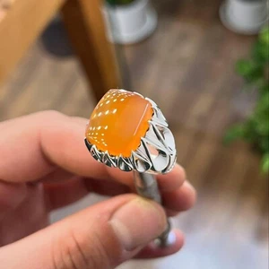 Sharaf Al Shams Aqeeq Ring, 925 Sterling Silver Natural Agate Ring, Yellow Agate - Picture 1 of 5