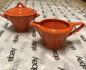 Homer Laughlin MCM Atomic Orange Harlequin Creamer + Lidded Sugar Set EUC - Picture 1 of 17