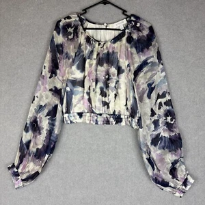 Witchery Top Womens 14 White Purple Blue Floral Art Linen Silk Cropped Blouse - Picture 1 of 6