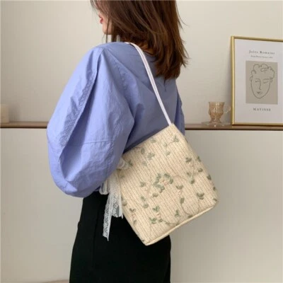 Lady Straw Shoulder Bag Bucket Bag Beach Lace Woven Tote Purse Messenger Bag New - Image 1 of 4