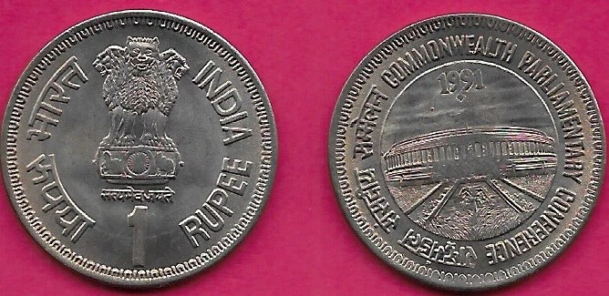 INDIA 1 RUPEE 1991-B UNC 1 YEAR TYPE,COMMONWEALTH PARLIAMENTARY CONFERENCE,ASOKA - Image 1 of 1
