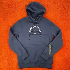 KARL LAGERFELD Paris Mens SMALL Logo Graphic Sweatshirt Hoodie Navy Blue NEW - Picture 1 of 8