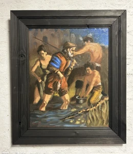 Original Oil Painting "Fishing" Signed Joel Barnett & Framed 23 in x26 in - Picture 1 of 5