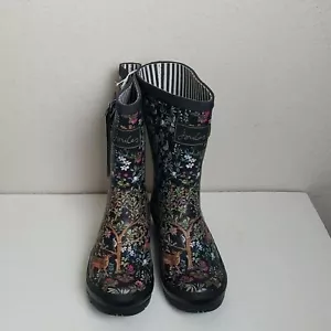 Joules Molly Welly Rain Boots Black Tree Deer US 6 Women's Calf High Fisherman - Picture 1 of 6