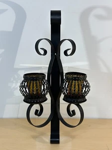 Vtg Black Iron Metal 2 Arm Wall Sconce Candle Holder, 2 Metal Cage & Amber Votiv - Picture 1 of 24