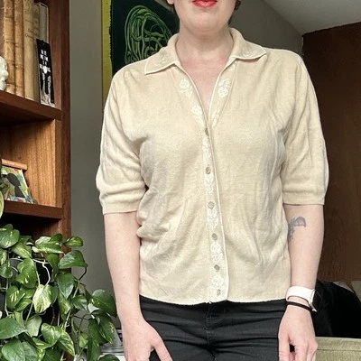 Vintage Cream Button-Up Women's Top with Half Sleeves - Image 1 of 4