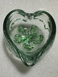 Murano Style Art Glass Hand Blown Heart shaped bowl Ashtray Green White Floral - Picture 1 of 11