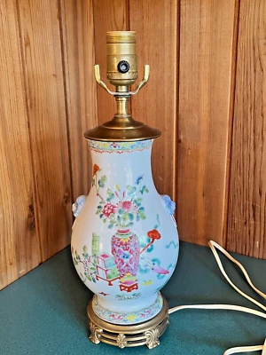 Antique Chinese Famille Rose Hand Painted Porcelain Lamp 14.5" Flowers Foo Dogs - Image 1 of 4