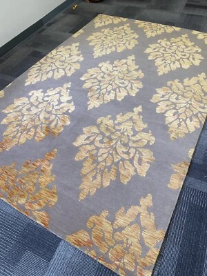 Tibetan oriental Area Rug  carpet gray gold silk & wool hand Knotted Damask. - Image 1 of 4