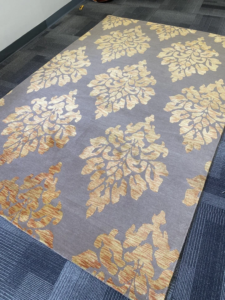 Tibetan oriental Area Rug  carpet gray gold silk & wool hand Knotted Damask. - Image 1 of 4