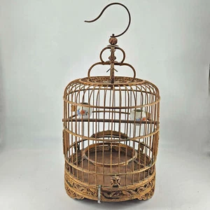 Vintage handgefertigter Bambus Vogelkäfig mit Porzellantöpfen und Metallhaken 15" - Bild 1 von 6