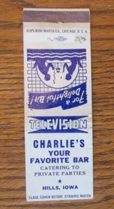 HILLS, IOWA MATCHBOOK COVER: CHARLIE'S BAR EMPTY 1950s MATCHCOVER -A - Picture 1 of 1