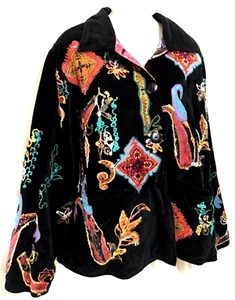 Flashback Reversible Embroidered Velvet Jacket Large Colorful Art To Wear Coat L - Picture 1 of 11