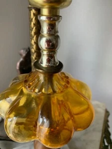 VTG Table Lamp—Mid-Century—Amber Glass, Marble Base, Wood, Brass—12.5" - Picture 1 of 2