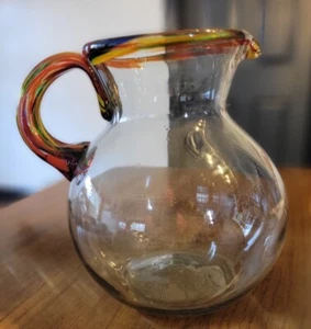 Handmade Handblown Mexican Glass Confetti Glass Swirl Pitcher With Handle - Picture 1 of 4